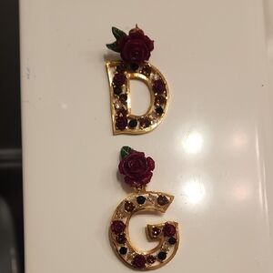 Dolce & Gabbana Gold D and G Drop Earrings with Burgundy Roses